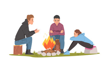 Friends Sitting Near Campfire, Tourist People Hiking, Camping and Relaxing at Summer Vacation Cartoon Style Vector Illustration