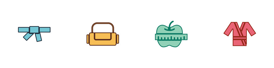 Set Black karate belt, Sport bag, Apple and measuring tape and Japanese costume Kimono icon. Vector.
