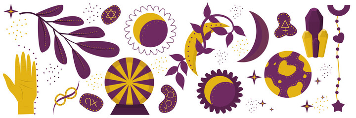 Boho witch and magic collection with symbols of the moon, sun, astronomy and palmistry, female hand, runes, stones. Vector set for astrology and magic