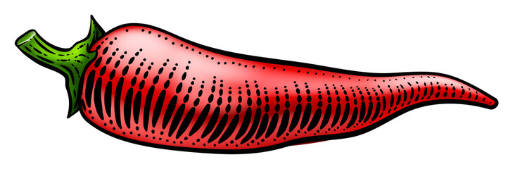 Chili, chile or chilli pepper vegetable illustration in a vintage retro woodcut etching style.