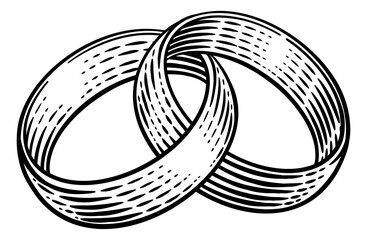 Wedding ring bands intertwined in a vintage retro woodcut etching style.
