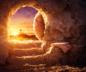 Empty Tomb With Crucifixion At Sunrise - Resurrection Concept - obrazy, fototapety, plakaty