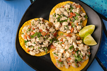 Mexican tortilla tostada with fresh ceviche seafood