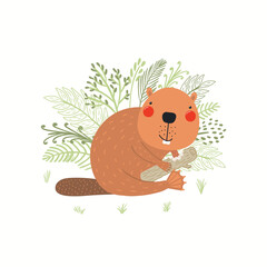 Cute funny beaver with wood, grass, fern, isolated on white. Hand drawn wild animal vector illustration. Scandinavian style woodland. Flat design. Concept for kids fashion, textile print, poster, card