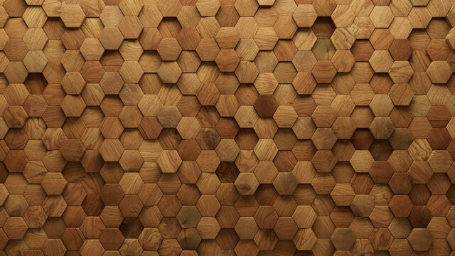 Wood Block Wall background. Mosaic Wallpaper with Light and Dark Timber Hexagon tile pattern. 3D Render 