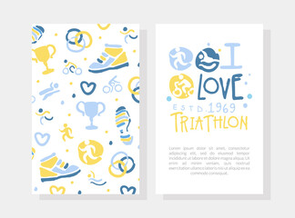 I Love Triathlon Card Template, Marathon, Competition, Championship, Sports Club Invitation, Banner, Poster, Logo Hand Drawn Vector Illustration
