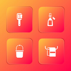 Set Sauna brush, Essential oil bottle, bucket and Towel on hanger icon. Vector.
