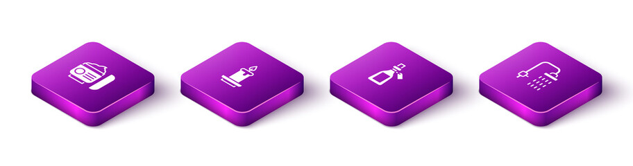 Set Isometric Cream or lotion cosmetic tube, Aroma candle, Essential oil bottle and Shower icon. Vector.