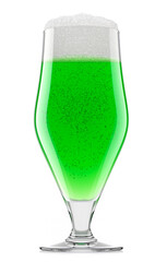 Frosty glass of draft green beer with bubble froth isolated on white background.