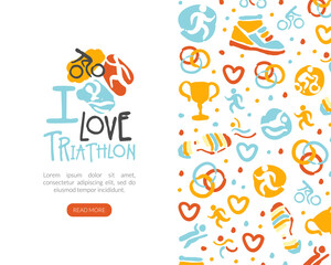 I Love Triathlon Landing Page Template, Marathon, Competition, Championship, Sports Club Homepage, Website Interface Vector Illustration