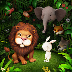 Ilustracja o Lwie i zającu w dżungli i dzikich zwierzętach