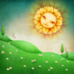 Fantasy postcard or poster with  kind bright yellow sun and  green lawn with flowers. 