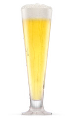 Frosty glass of fresh light beer with bubble froth isolated on white background.