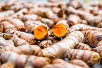 Turmeric roots closeup. Fresh harvest of many turmeric roots background texture.