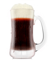 Frosty glass of fresh stout beer with bubble froth isolated on white background.