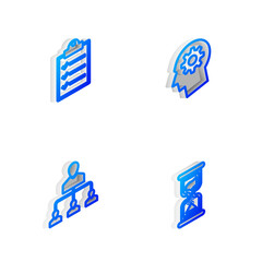 Set Isometric line Human head with gear inside, Clipboard checklist, Referral marketing and Old hourglass icon. Vector.