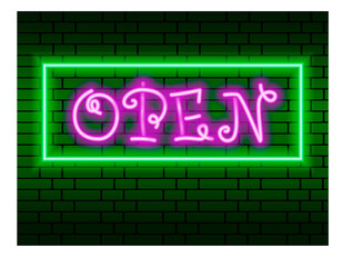 Obraz premium Neon bright sign with open text, entrance is available