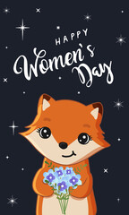 Fototapeta premium Cute fox holding bouquet. Funny animal. Happy Women's Day.