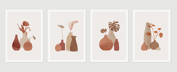 Botanical and vase wall art vector set. Floral and Foliage in bottle line art drawing with  abstract shape.  Abstract Plant Art design for print, cover, wallpaper, Minimal and  natural wall art.