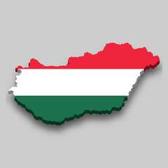 3d isometric Map of Hungary with national flag.