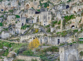 Historic cave dwellings, called Sassi houses, in the village of Matera.