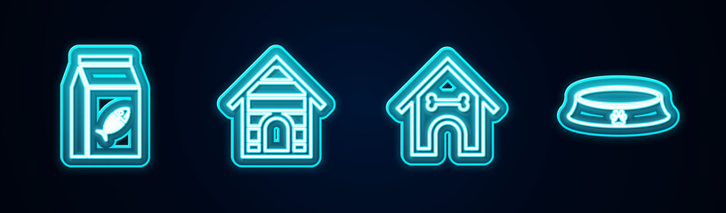 Set line Bag of food for cat, Dog house, and bone and Pet bowl. Glowing neon icon. Vector.