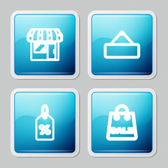 Set line Market store, Signboard hanging, Discount percent tag and Shopping bag with Sale icon. Vector.