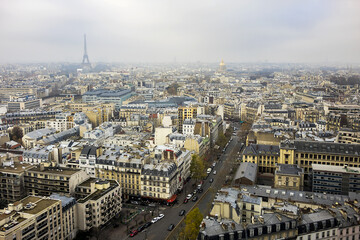 Fototapeta na wymiar Aerial view of Paris on a foggy day. France.