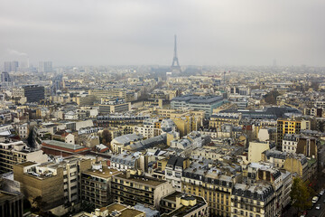 Aerial view of Paris on a foggy day. France.
