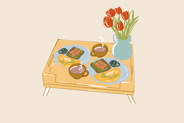 Romantic breakfast in bed for two persons with coffee, eggs, toasts and flowers on wooden tray. Vector illustration