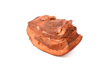 Pork fat.A piece of homemade boiled brisket with meat layers is isolated on a white background.
