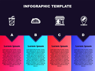 Set line Glass with water, Taco tortilla, Pizzeria building facade and Location hotdog. Business infographic template. Vector.