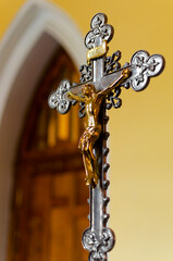 floor catholic cross with the image of jesus christ. inri