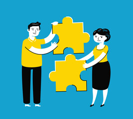 Business people assembling jigsaw puzzle. Teamwork, partnership concept vector