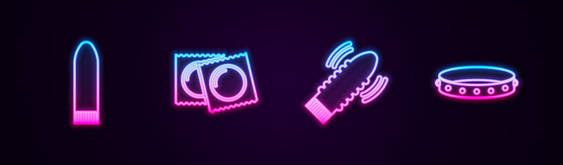 Set line Dildo vibrator, Condoms in package, for sex games and Leather fetish collar. Glowing neon icon. Vector.