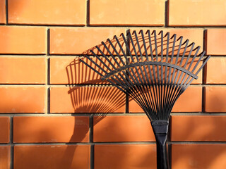 Rake on the background of a brick wall. Collection of fallen autumn leaves. Garden tools