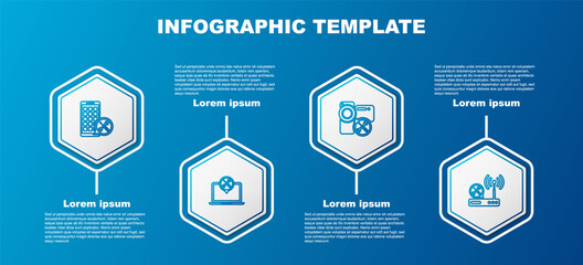 Set line Mobile Apps service, Laptop, Video camera and Router wi-fi. Business infographic template. Vector.