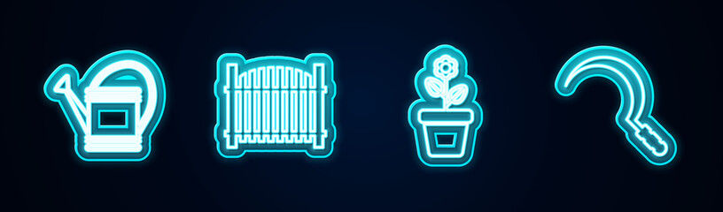 Set line Watering can, Garden fence, Flower pot and Sickle. Glowing neon icon. Vector.