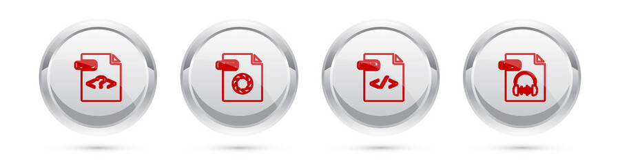 Set line PHP file document, RAW, HTML and MP3. Silver circle button. Vector.