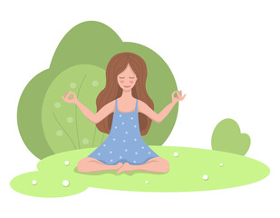 Obraz na płótnie Canvas Girl in a blue dress meditates in the park, in nature. Spring grass, flowers and green trees. Vector illustration in flat style, isolated on white background.
