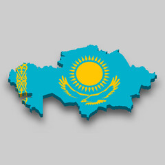 3d isometric Map of Kazakhstan with national flag