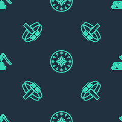 Set line Compass, Head flashlight and Wooden axe and wood on seamless pattern. Vector.