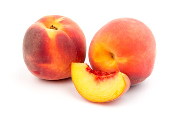 Summer fruit background. Ripe juicy peaches on white background. Copy space. Fresh organic fruit vegan food. Harvest concept