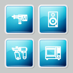 Fototapeta premium Set line Rotary hammer drill machine, Stereo speaker, Nail gun and Microwave oven icon. Vector.