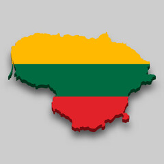 3d isometric Map of Lithuania with national flag.