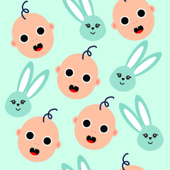 vector pattern with baby face and bunny head. flat image of a childish pattern with a smiling child.