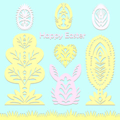 Set of paper cut festive symbols Holiday spring Easter signs egg, rabbit, heart, tree in pink, yellow, gray, blue colors. Traditional Belarusian, Polish paper clippings. Hand made. Vector illustration