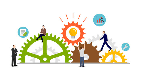 Business success ( idea, inspiration ) concept vector illustration. Gear wheel and people.