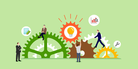 Business success ( idea, inspiration ) concept vector banner  illustration. Gear wheel and people.