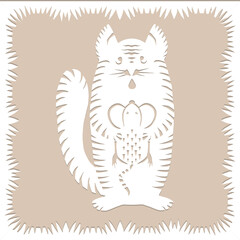 Stripe cat with mouse Paper cut decorative silhouette animal in white color isolated on beige background Traditional Belarusian, Polish paper clippings make with scissors Hand made Vector illustration